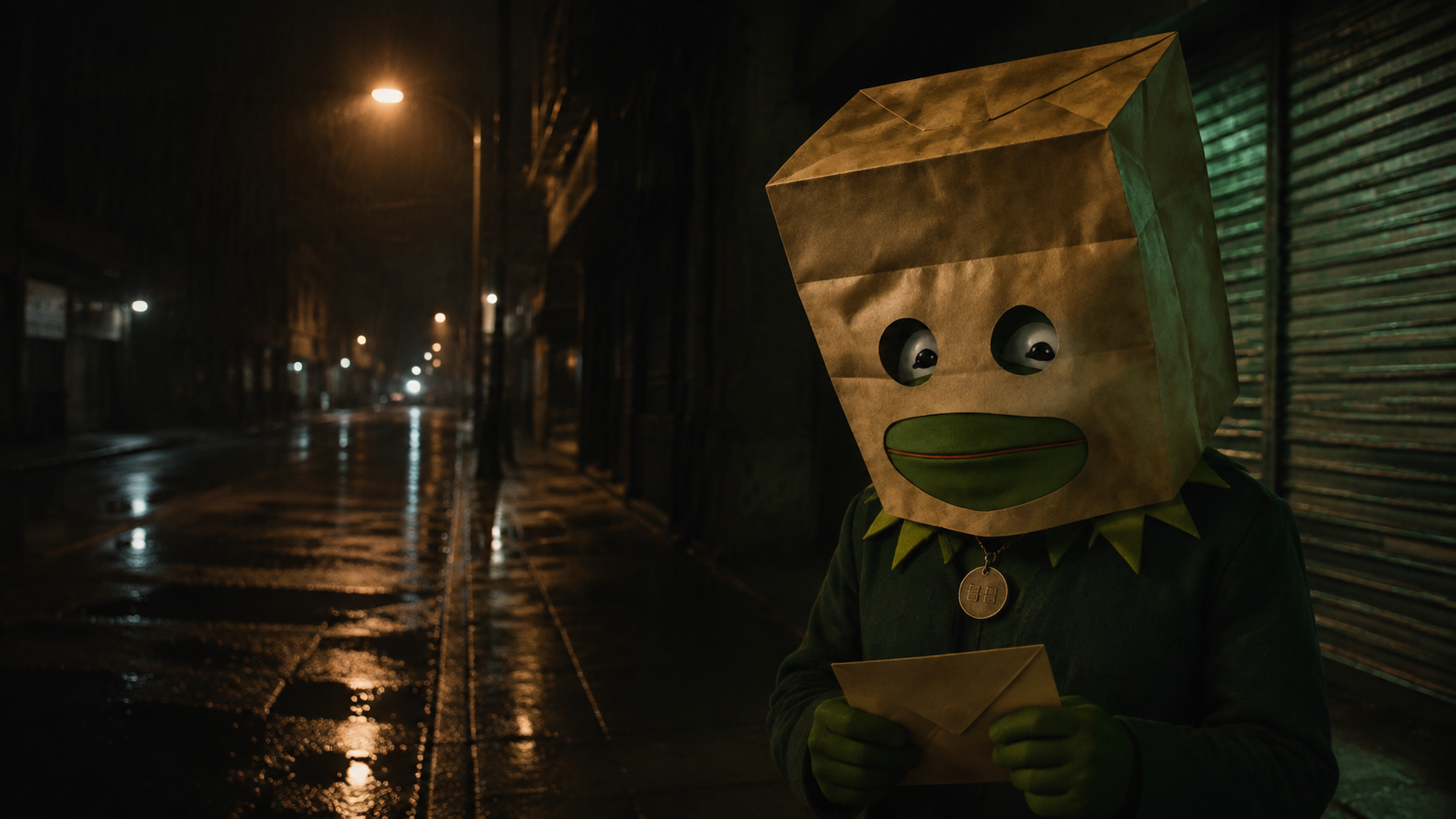 Robin holding an envelope at night